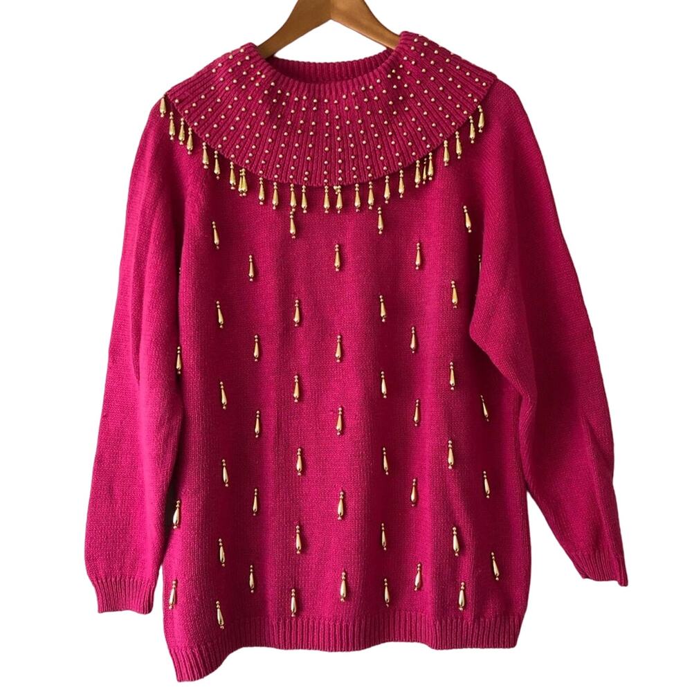 Vintage 80s Barbie Hot Pink Sweater Gold Embellished Tassels Cervelle  Large